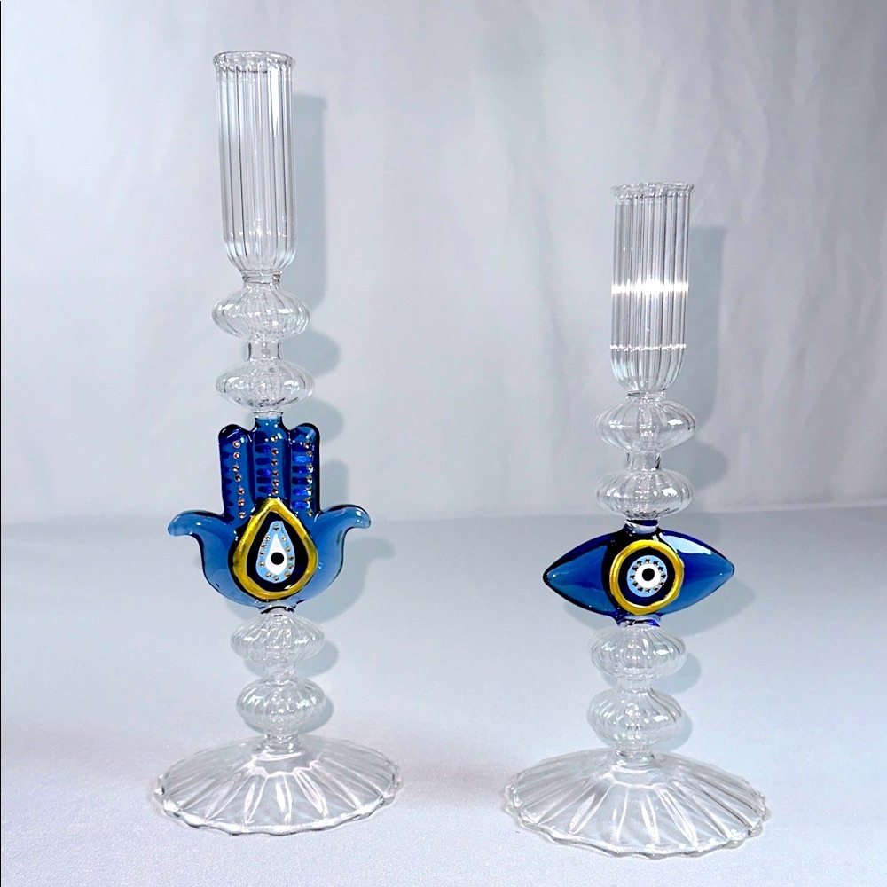 NWOB• Pair of 2 Glass Candle Holders with Blue Evil Eye and Hamsa Design.